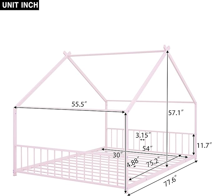 Full Size House Shaped Montessori Platform Beds, Wood Floor Bed Frame with Roof and Fence Deisgn, Kids Double Toddler Bed for Children Boys Girls, Easy Assemble, No Box Spring Needed, Pink