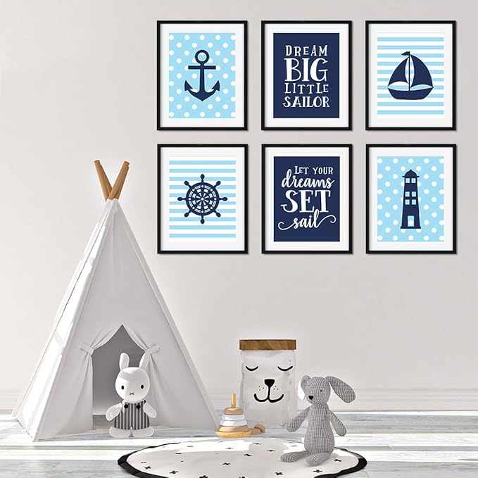 Andaz Press Ocean Nautical Sailor Theme Nursery Kids Bedroom Hanging Wall Art Decor, 8.5x11-inch, Baby Blue Stripes Dots, Dream Big, Let Your Dreams Set Sail, 6-Pack, Unframed Room Poster