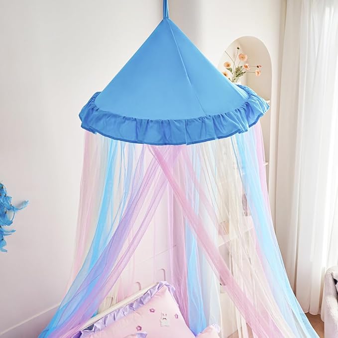 Kertnic Rainbow Bed Canopy for Girls Dreamy Mosquito Net for Bed Round Dome Princess Bed Canopy Girl Room Play Tent Kids Canopy Bed Netting Curtains (Single Layer- Blue)