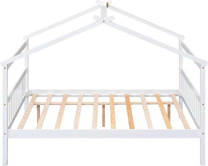 Merax Full Size Wooden House Bed with Trundle, Wood Bed Frame with Roof for Kids, Teens, Boys or Girls, White
