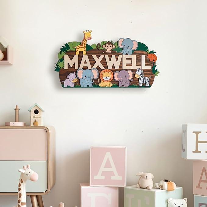 Personalized Nursery Sign, Woodland Animals Wooden Sign with Name, Hello World Newborn Sign, Animals Sign for Kid Room Decor, Baby Gifts for Girl, Custom Baby Name Sign, Baby Wall Art Bedroom