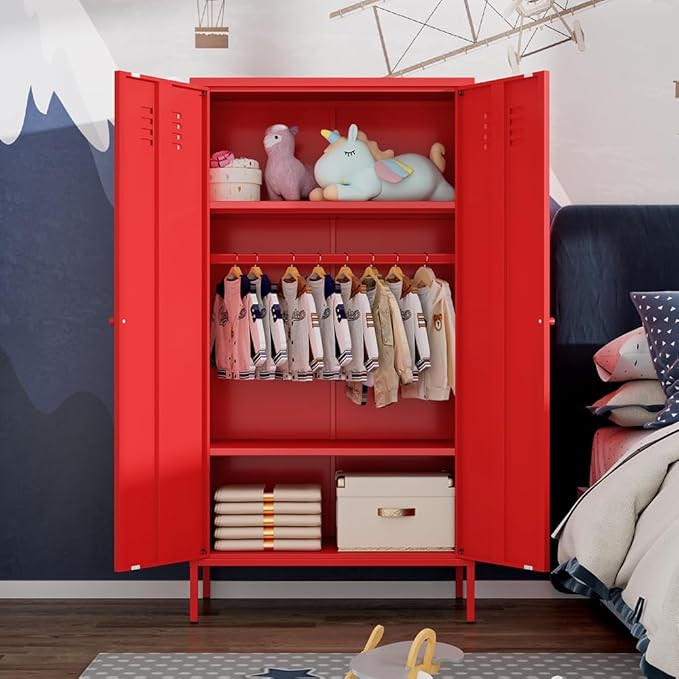 2 Door Metal Wardrobe,Classified Storage Tall Storage Cabinet with Hanging Rod&2 Freely Adjustable Shelves, Metal Armoire Closet for Kids Bedroom, Laundry Room,Home (red)