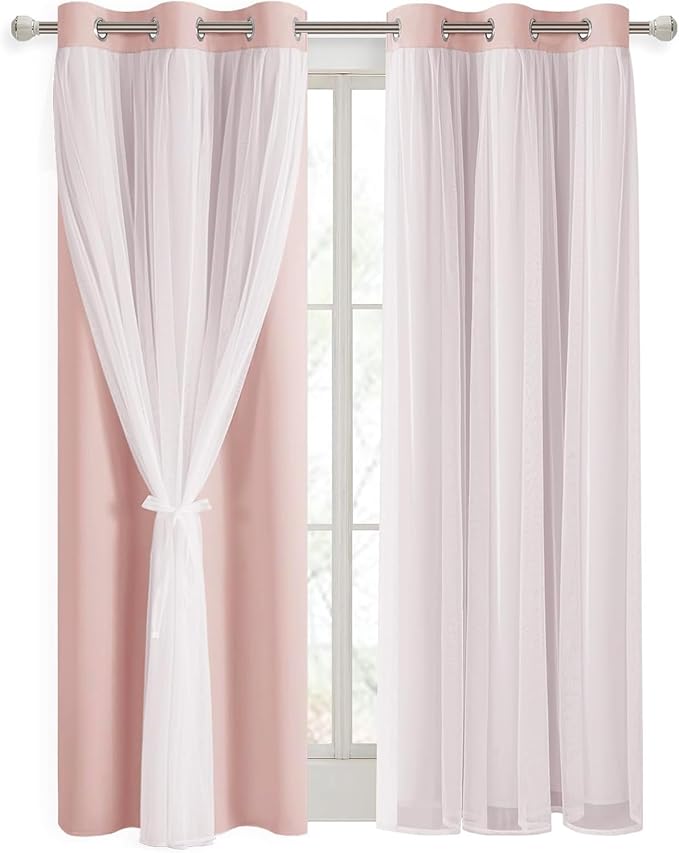 DWCN Layered Curtains for Living Room Blush Blackout and Sheer Curtains Grommet Top Window Treatments with Sheer Overlay for Nursery, Girls Bedroom, 38 W by 84 L, 2 Pieces