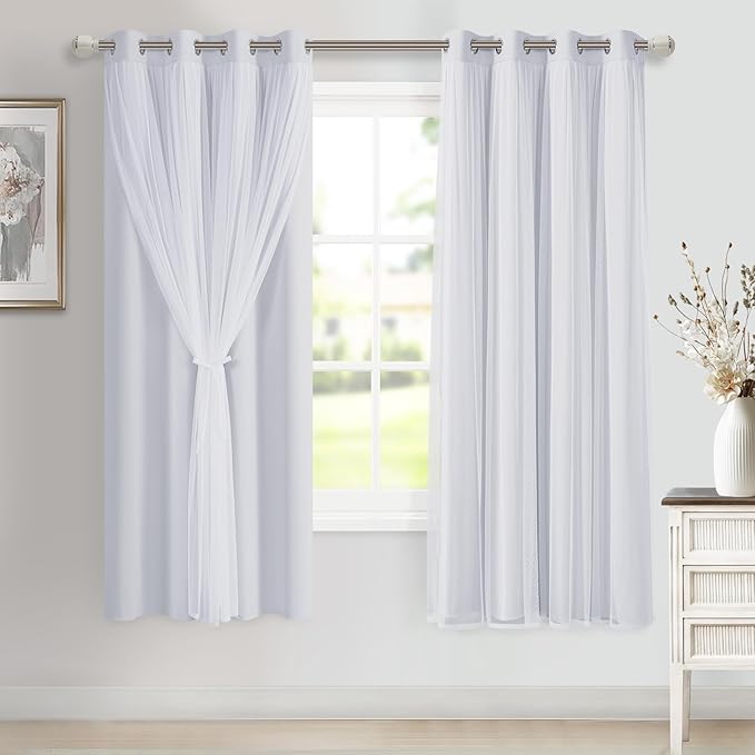 DWCN White Blackout Curtains with Sheer Overlay Thermal Insulated Mix & Match Double Layer Window Panels for Bedroom Living Room Drape Sewn with Tiebacks Grommet Top 52" Wx63 Lx2