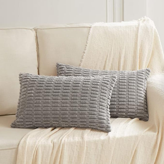 Fancy Homi 2 Packs Gray Lumbar Farmhouse Decorative Throw Pillow Covers 12x20 Inch for Living Room Couch Bed Sofa, Rustic Boho Home Decor, Soft Striped Corduroy Rectangle Cushion Case 30x50 cm