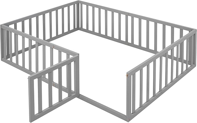 Merax Full Floor Bed with Safety Guardrails and Door, Wood Montessori Floor Bed Frame for Kids, Full Playhouse Bed Frame for Baby Girls and Boys, Grey