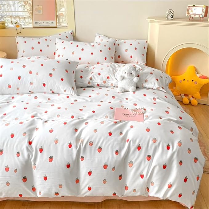 Strawberry Duvet Cover Queen Size Cute Pink Strawberry Bedding Set 3 Pcs Kids Boys Girls Kawaii Cream White Strawberries Soft Breathable Microfiber Comforter Cover with Zipper Closure