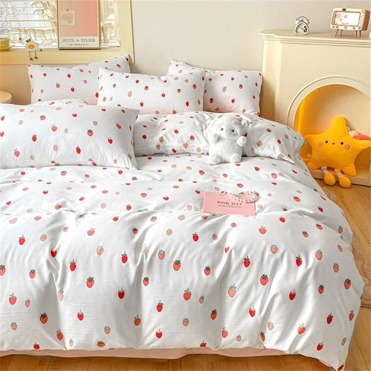 Strawberry Duvet Cover Queen Size Cute Pink Strawberry Bedding Set 3 Pcs Kids Boys Girls Kawaii Cream White Strawberries Soft Breathable Microfiber Comforter Cover with Zipper Closure