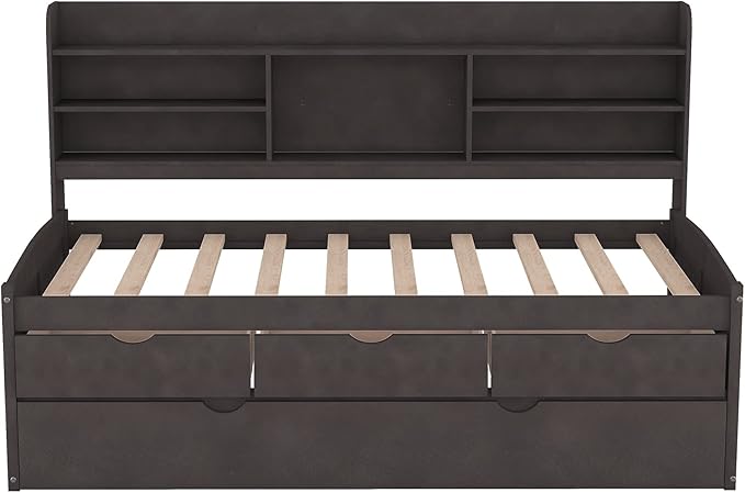 Harper & Bright Designs Twin Size Captain Bed with Built-in Bookshelves/3 Storage Drawers/Trundle, Wooden Twin Daybed Bed Frame for Kids Teens Dorm Bedroom Multipurpose Guest Room, Antique Gray