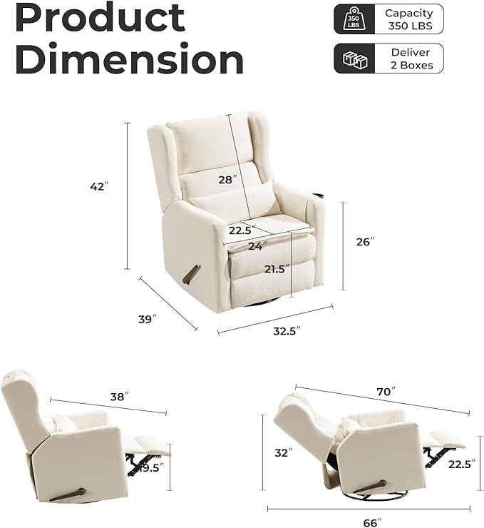 Swivel Rocker Recliner Chair with Adjustable Headrest,Rocking Recliner Chair for Nursery,Oversized Glider Rocking Chair with Double Cushion,Chenille,White