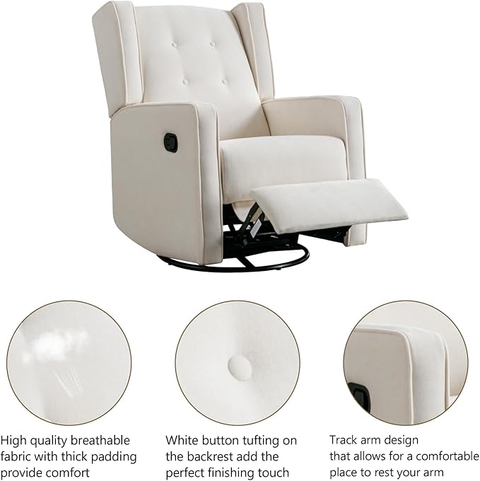 CANMOV Swivel Rocker Recliner Chair, Rocking Chair Nursery Glider Recliner, Manual Glider Chair for Nursery, White