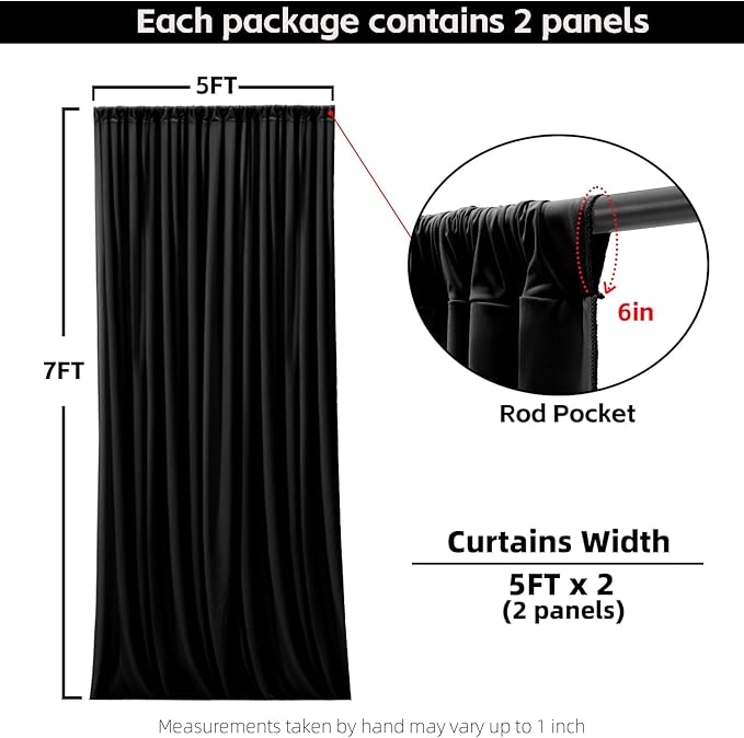 Black Backdrop Curtains for Wedding Parties, 10x7FT Wrinkle Free Photo Backdrop Curtains for Wedding Birthday Party Baby Shower, Fabric Drape with Rod Pockets 5ft x 7ft, 2 Panels