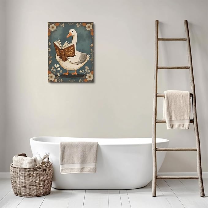 Vintage Framed Goose Wall Art Watercolor Print Book Lovers Gifts Bookish Gifts Wall Decor Canvas Wall Art Framed Prints Artwork Posters for Living Room Kitchen Bathroom Decorations 11.5X14.5 Inch