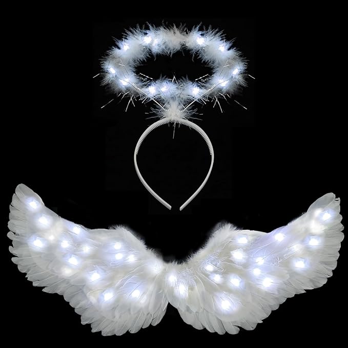 Angel Wings, Light Up Angel Wings and Halo with LED Lights, White Angel Wings Costume for Adult Women Kids Halloween Xmas