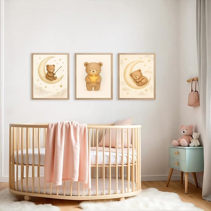 XBQZFLHT 3Pcs Bear Nursery Wall Art Teddy Bear Moon and Stars Canvas Prints Cute Animal Sleeping on the Moon and Cloud Neutral Baby Room Decor Pictures for Boys and Girls 12x16in Unframed