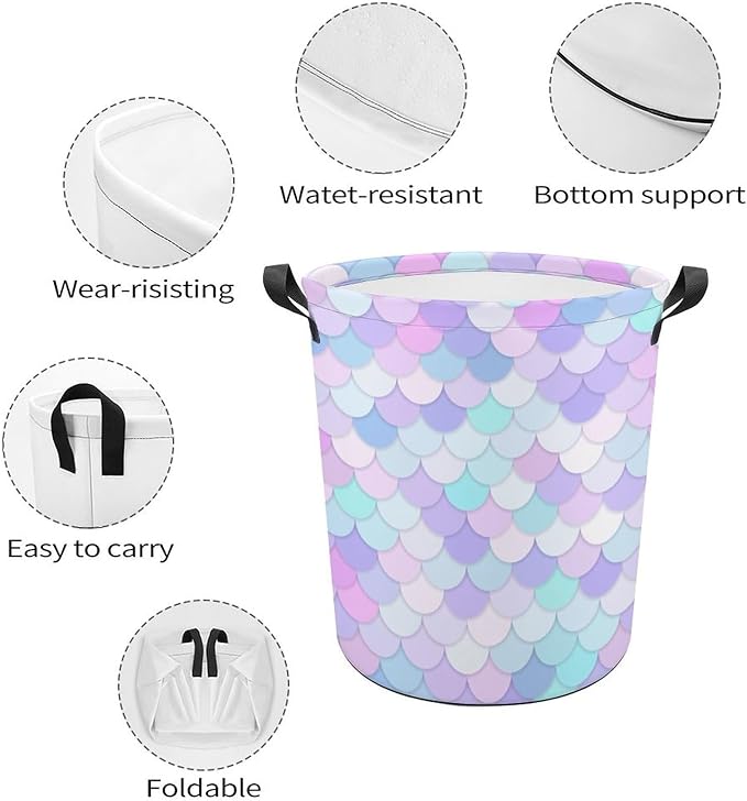 Rainbow Mermaid Laundry Basket Mermaid Party Decorations Girls Hamper Clothes Toy Storage Bin for Kids Girls Bedroom Bathroom Decor