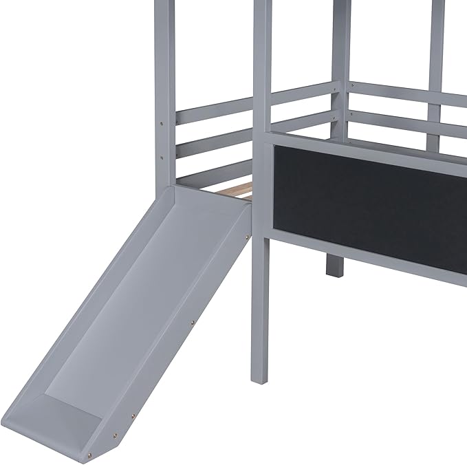 Play Fun Design Twin Size Loft Bed with Ladder and Slide for Kids Boys Girls, Solid Wood House Loft Bed Frame with Blackboard and Light Strip on The Roof, Sturdy Slat Support (Gray-6)