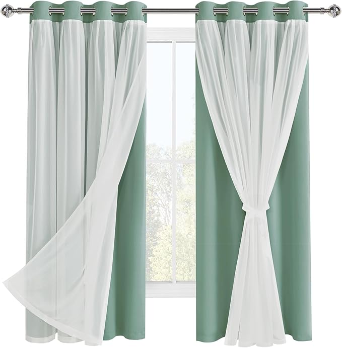 Hiasan Light Sage Green Blackout Curtains with Sheer Overlay, Thermal Insulated Privacy Mix & Match Double Layer Window Curtains for Girls Bedroom, Living Room, 2 Drape Panels with Tiebacks, 52W X 63L
