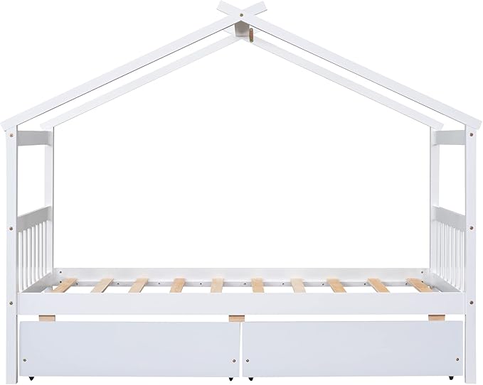 Merax Twin Size Wooden House Bed with Two Drawers, Wood Bed Frame with Roof for Kids, Teens, Boys or Girls, White