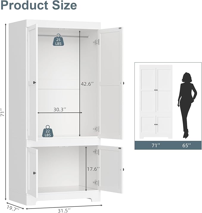 Wardrobe Closet with 2 Doors 2 Cabinets, 71" Tall Armoire with Hanging Rod Freestanding Large Capacity Clothing Wardrobe Cabinet w/Gold Handles for Bedroom-White