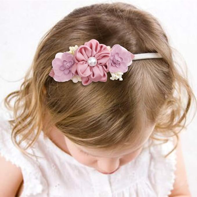 Baby Girl Floral Headbands- 3pcs Nylon Headband Handmade Flower Crown Elastic Hairband Newborn Toddler Hair Accessories Gifts for Girls （1-6 years old）