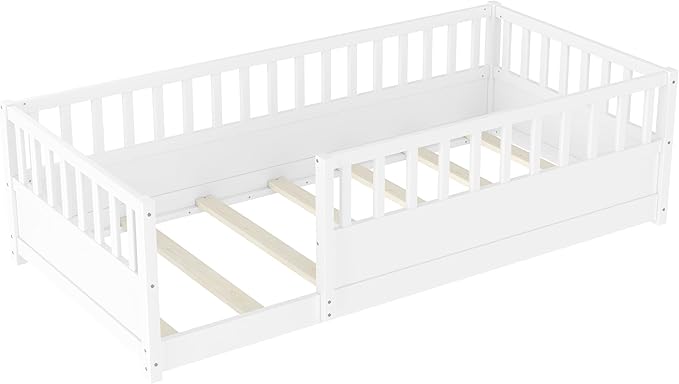 Bellemave Kids Montessori Floor Bed,Twin Size Floor Bed with High Fence and Door,Twin Bed Frame with Guardrails for Kids,Girls,Boys,Twin,White