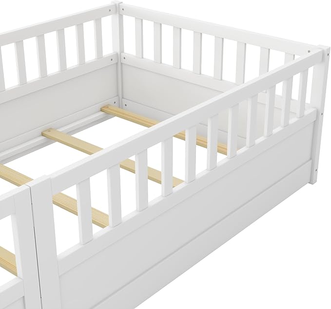 Bellemave Twin Floor Bed with Slats and High Fence, Twin Size Montessori Floor Beds with Door, No Box Spring Needed, Easy Assemble Montessori Bed Frame(White Twin)