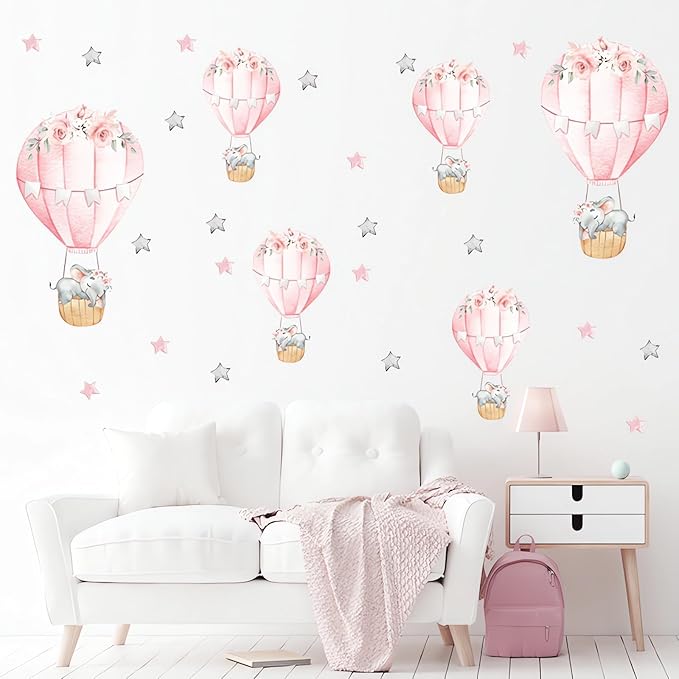 6 Pink Hot Air Balloons Sleeping Baby Elephants Stars Wall Stickers, sacinora Cute Art Wall Decals Removable Vinyl Peel and Stick for Kids Baby Girl Nursery Bedroom Toddler Room Decorations
