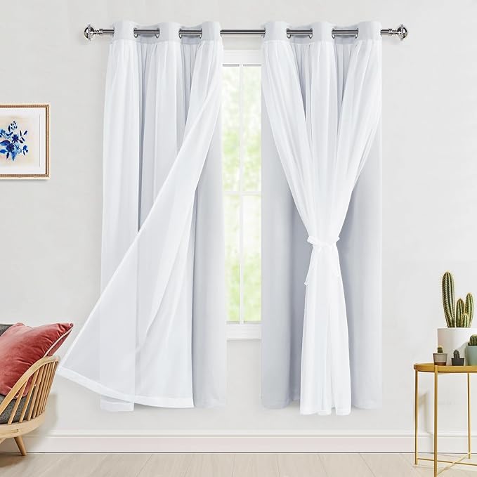 Hiasan Greyish White Blackout Curtains with Sheer Overlay, Grommet Thermal Insulated Mix & Match Double Layer Window Curtains for Girls Bedroom, Living Room, 2 Panels Sewn with Tiebacks, 42W X 63L