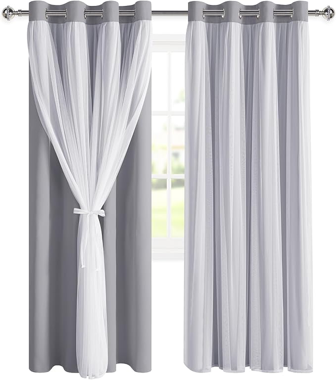 DWCN Grey Layered Curtains for Living Room Blackout and Sheer Curtains with Tiebacks Grommet Top Window Curtain Panels with Sheer Overlay for Bedroom, 52" x 84", 2 Pieces