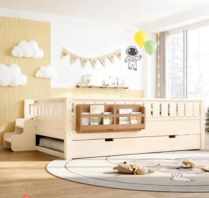 Bellemave Full Size Kids Bed with high Rails and with Built-in Bookshelf and Trundle for Kids, Girls, Boys, Wood Montessori Bed Without Door, Beige