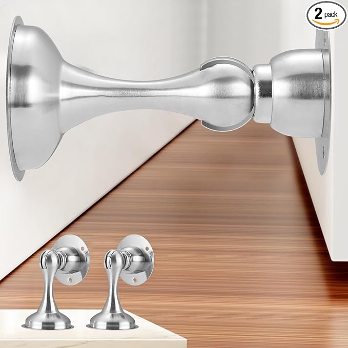 YDAJIURI 2Pack Magnetic Door Stop No Drilling Door Stop with 3D Adhesive Tapes Keep Door Open Door Stainless Steel Screws for Stronger Mount（Silver）