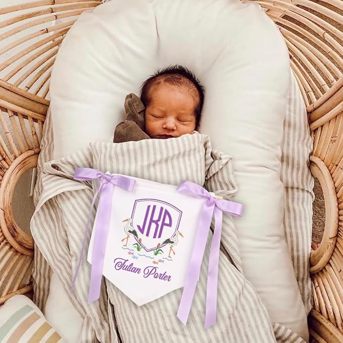 Embroidered Baby Name Sign with Bows Personalized Baby Announcement Sign Newborn Baby Banner Baby Hospital Name Sign Canvas Hanging Pennant Flag Custom Infant Baby Name Baby Shower Banner (04)