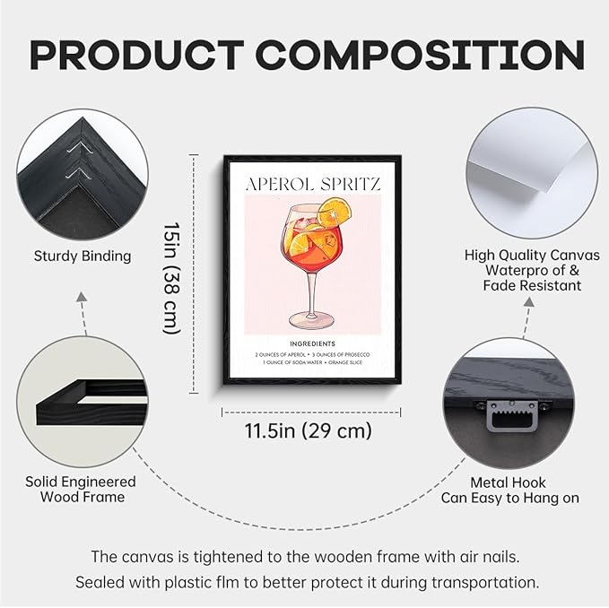 Aperol Spritz wall art, cocktail recipe list, kitchen bar wall decor, matte finish framed canvas print, cocktail bar poster, for kitchen home bar housewarming gift, 12x15 inch