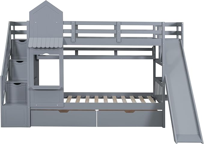 Full-Over-Full Castle Style Bunk Bed with 2 Drawers and 3 Shelves, Wood Bunk Bed Frame with Slide and Storage Staircase for Kids Teens Boys Girls, Maximize Space Savings