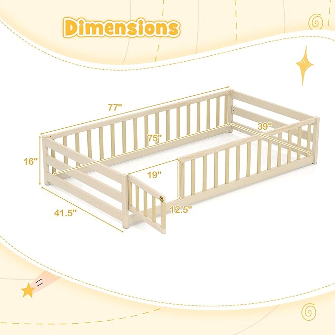 KOMFOTT Twin Size Wood Floor Bed with Door & Fence, Montessori Bed Frame with Full Length Safety Guardrails, Door & Latch, Wooden Montessori Floor Bed for Kids, Girls, Boys (Natural, Twin)