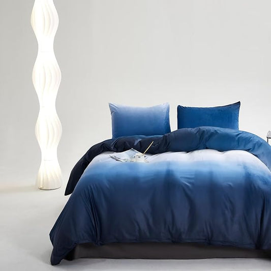 Houseri Blue White Gradient Velvet Duvet Cover King Fluffy Ocean Blue Sherpa Bedding Duvet Cover Sets King Ombre Extra Soft Comfy Flannel Fuzzy Duvet Covers King Size