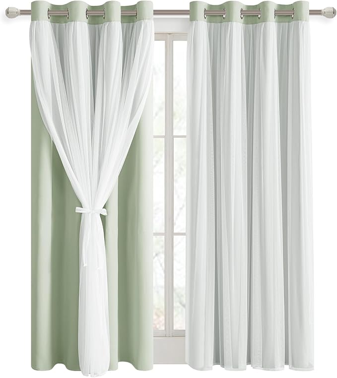DWCN Layered Curtains for Living Room Blackout and Sheer Curtains with Tiebacks Grommet Top Window Treatments with Sheer Overlay for Bedroom, 52 W by 84 L, Seafoam, 2 Pieces