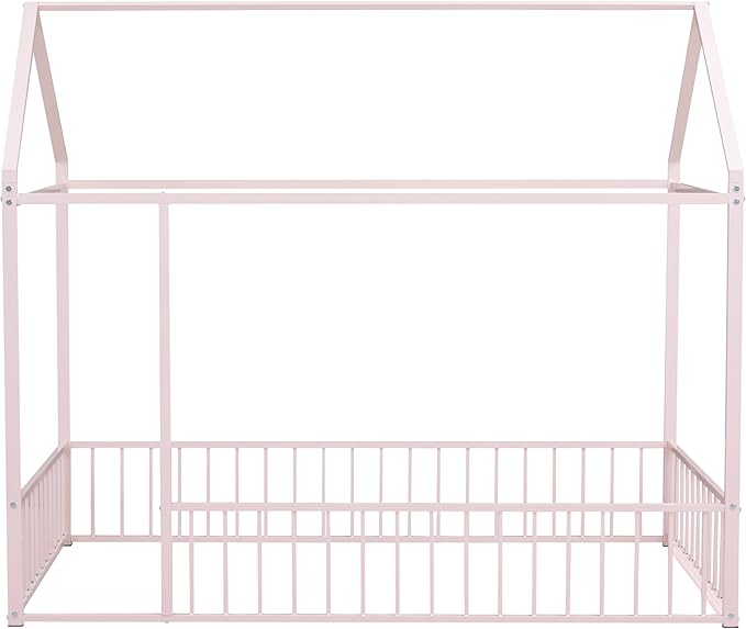 Bellemave Twin Size Montessori Floor Bed, Metal House Bed Framefor Kids, Montessori Floor Beds with Fence, Playhouse for Kids, Pink