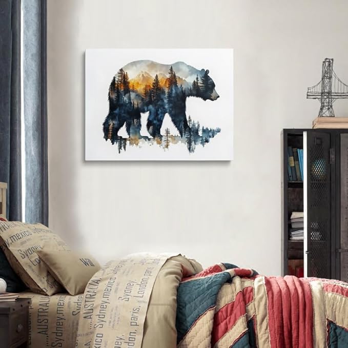 Bear Silhouette with Mountain Landscape Canvas Wall Art - Framed Nature Inspired Painting, Wildlife Forest Scene Wall Decor Artwork for Living Room, Cabin, Bedroom, Office (12x16 Inches)