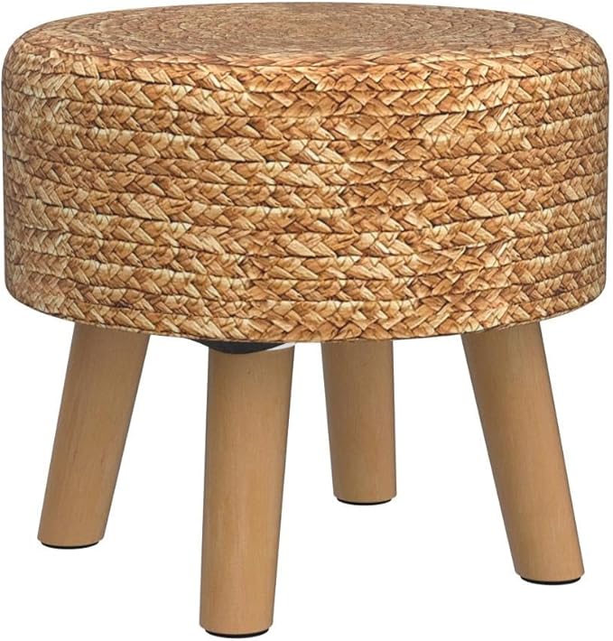 Cpintltr Round Ottoman Natural Seagrass Footstool Hand Weave Water Hyacinth Poufs Eco Friendly Sofa Foot Stool Soft Step Stool Padded Foot Rest with Pine Legs for Living Room (Natural)