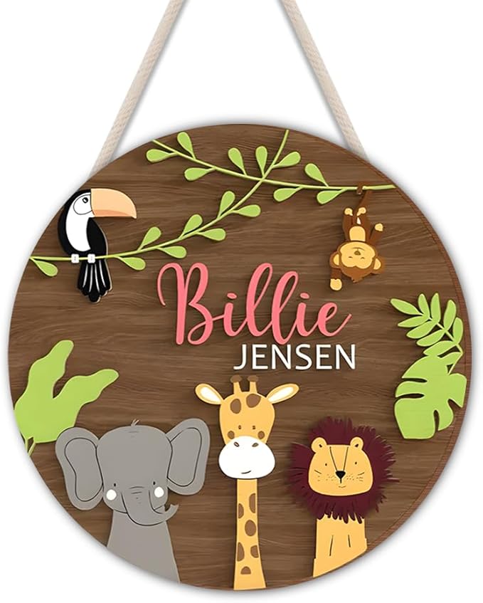 Custom Jungle Animal Name Sign – Personalized Wooden Wall Decor for Nursery or Playroom – Door Wreath with Safari Animals Wall Art, Bedroom Door Sign