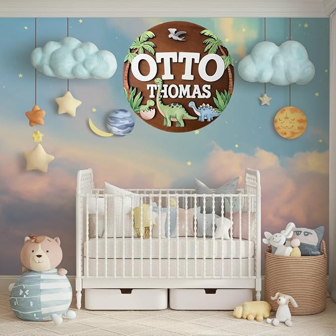 Personalized Baby Name Signs for Nursery, Dinosaur T-rex Sign for Baby Door Decor, Newborn Gifts for Boy, Boys Nursery Wall Bedroom Decorations, Mother's Day Gifts for New Mom Dad Gift