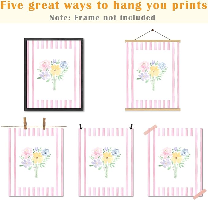 JINYO Preppy Pink and White Striped Floral Wall Art Prints Set of 4, Floral Room Decor, Pastel Rustic Wildflower Botanical Posters Pictures Wall Decor for Girls Bedroom Dorm, 8x10 Unframed
