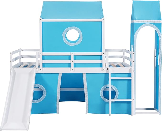 Playhouse Design Twin Size Low Loft Bed with Slide & Tent and Tower, Solid Wood Tent Bed Frame for Kids Boys Girls, Versatile Spacious Under Bed Space with Curtains(Blue-TW)