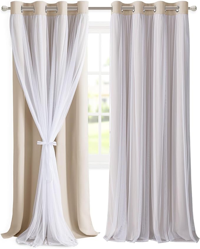 DWCN Beige Layered Curtains for Living Room Blackout and Sheer Curtains Grommet Top Window Treatment with Sheer Overlay for Bedroom, 52 W by 96 L, 2 Pieces