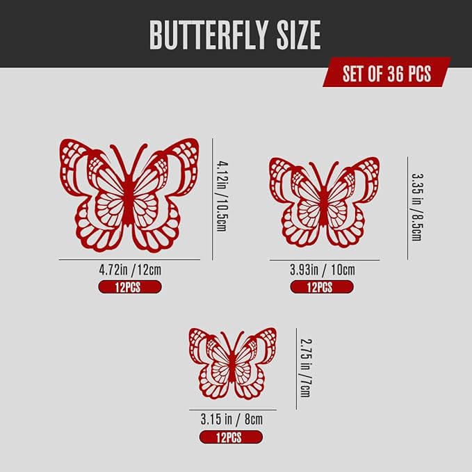 36PCS Butterfly Wall Decals - 3D Butterflies Wall Stickers Removable Mural Decor Wall Stickers Decals Home Decor Kids Room Bedroom Decor Living Room Decor (Red)