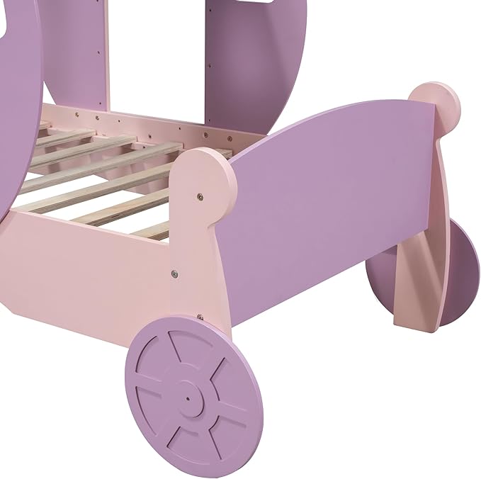 Twin Size Princess Carriage Bed Frame for Boys Girls Kids Toddler with Crown, Wood Platform Car Bed with Stair, Purple+Pink