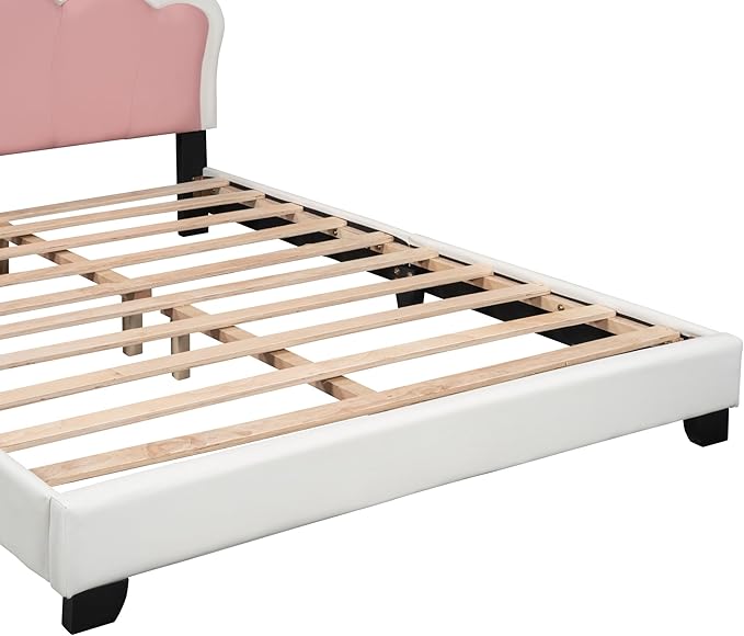 Full Size Princess Bed Frame with Crown Shaped Headboard for Kids,Upholstered Platform Bed with Slats Support,Full Girls Bed,Full Bed for Girls Teens,White