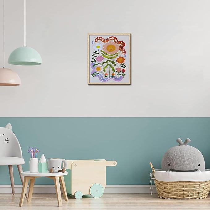 KISSFOX Framed Wall Art Nursery Wall Decor Sunflower Pictures Kids Cute Smiling Floral Canvas Art Whimsical Botanical Paintings Colorful Sweet Artwork For Children Boys Girls Room Playroom